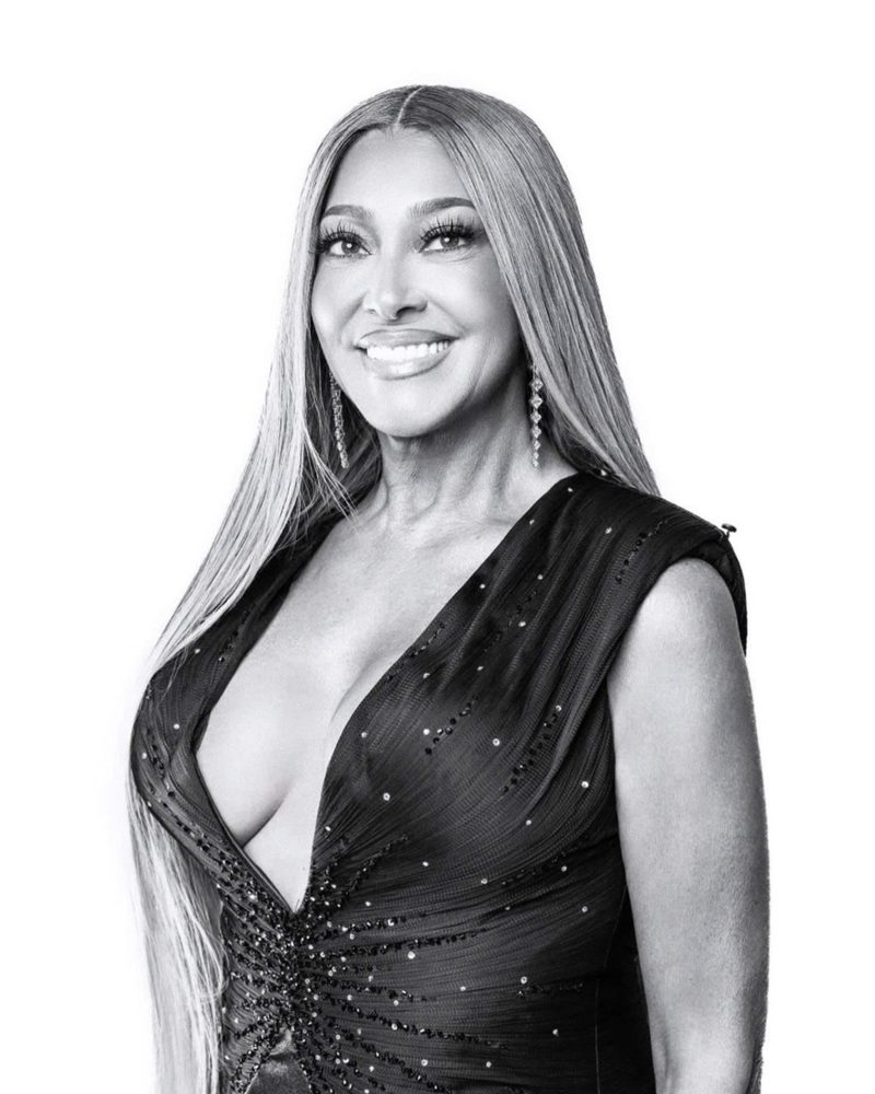 Elizabeth Woods in a black beaded gown